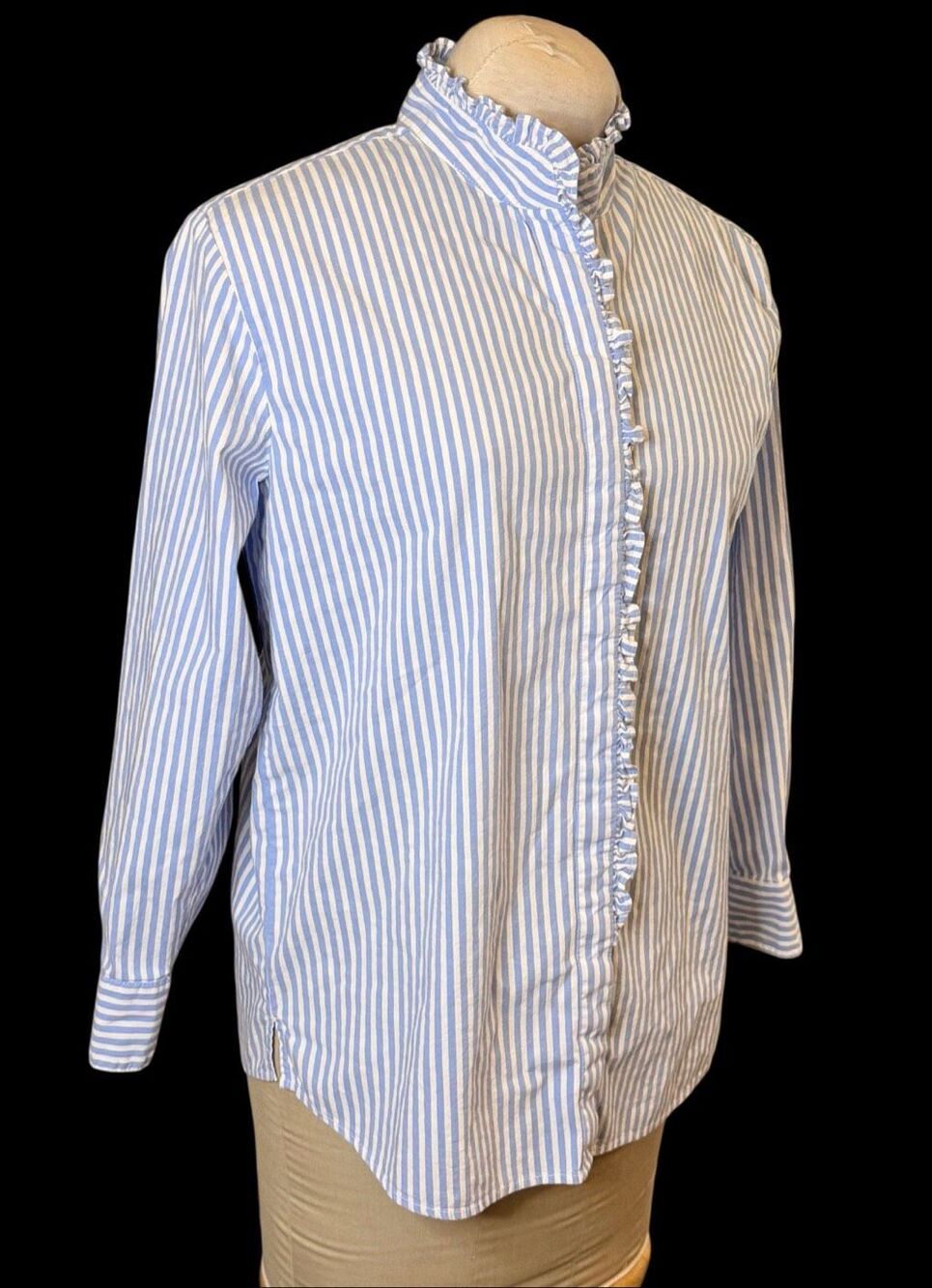 Crown & Ivy Striped Blouse Ruffle Button Front Stand Up Collar Small Preppy Clas - Picture 8 of 10